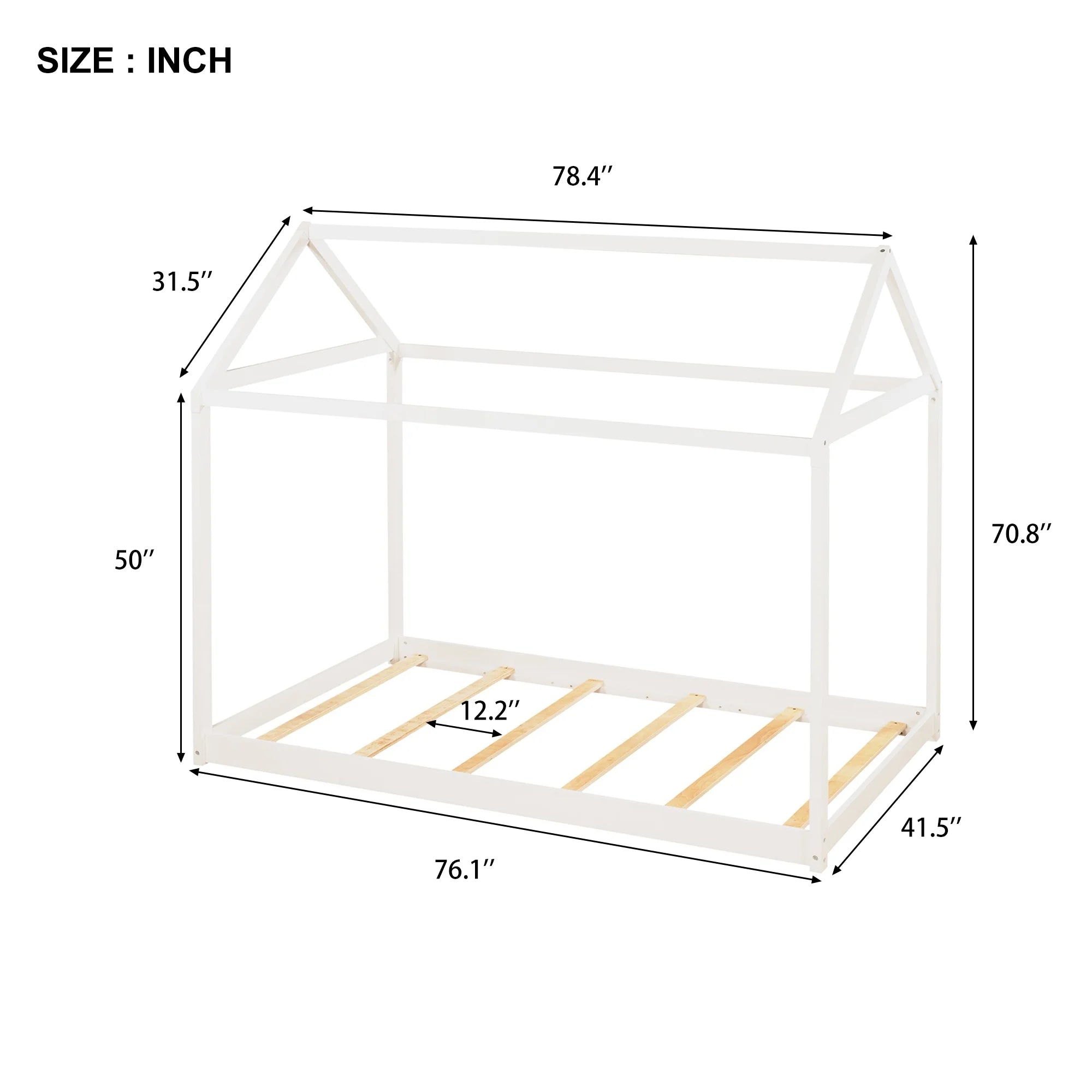 Wood Twin Size Kids House Bed Frame,Montessori Floor Bed for Toddler,White