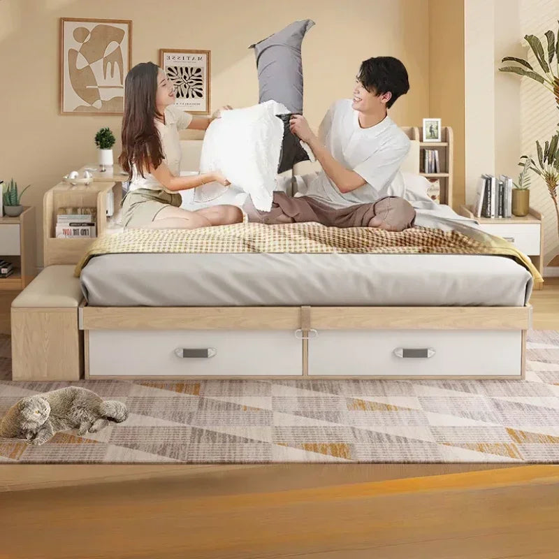 Elegant House Storage Double Bed Frame Simple Organizer Villa Loft Queen Bed Headboards Adults Cama Bedroom Set Furniture