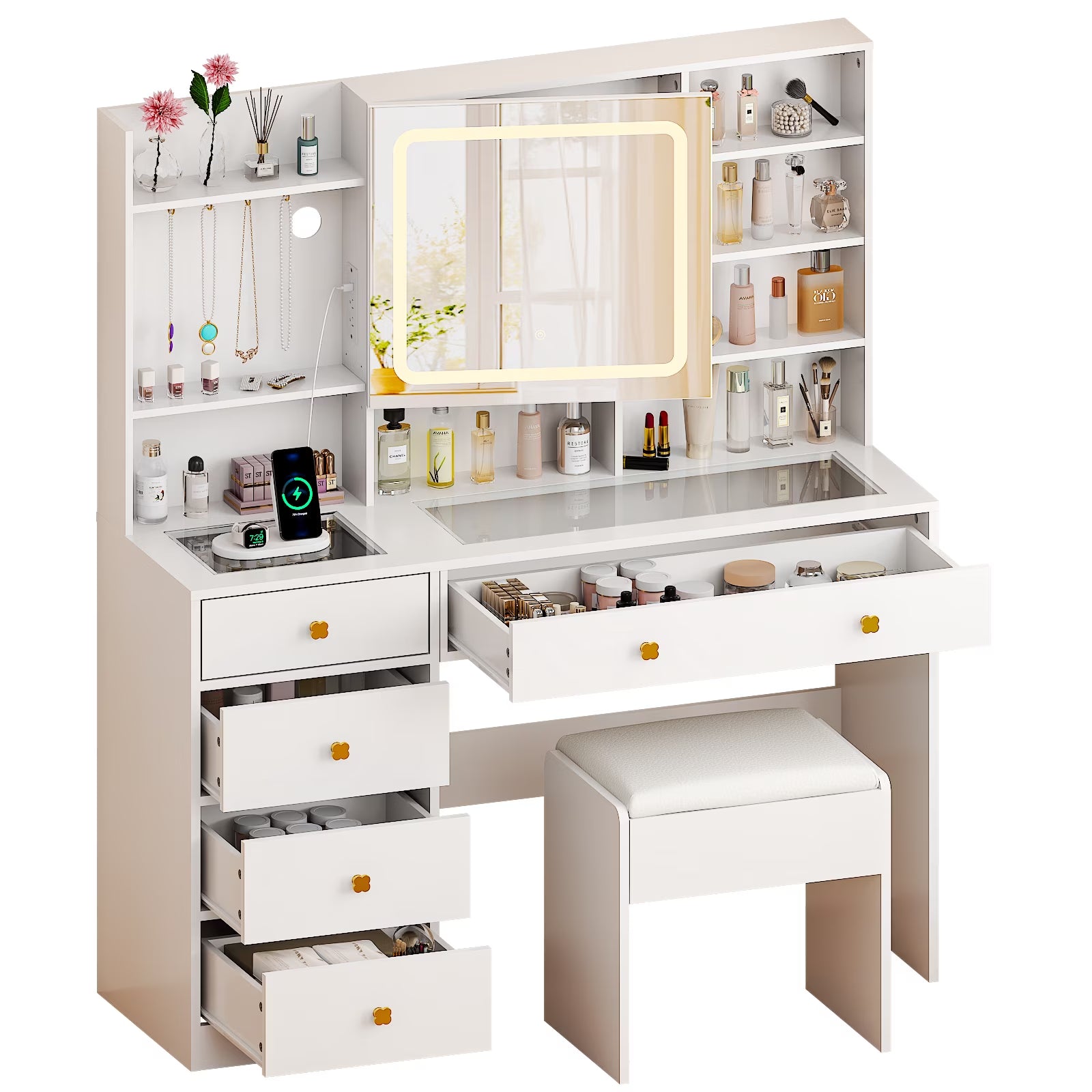 Large 47.2" Makeup Vanity with 3 Color Lights, Vanity Desk with USB Charging Station, Vanity Makeup Table with Visible Drawers, Hidden and Open Storage Shelves, White