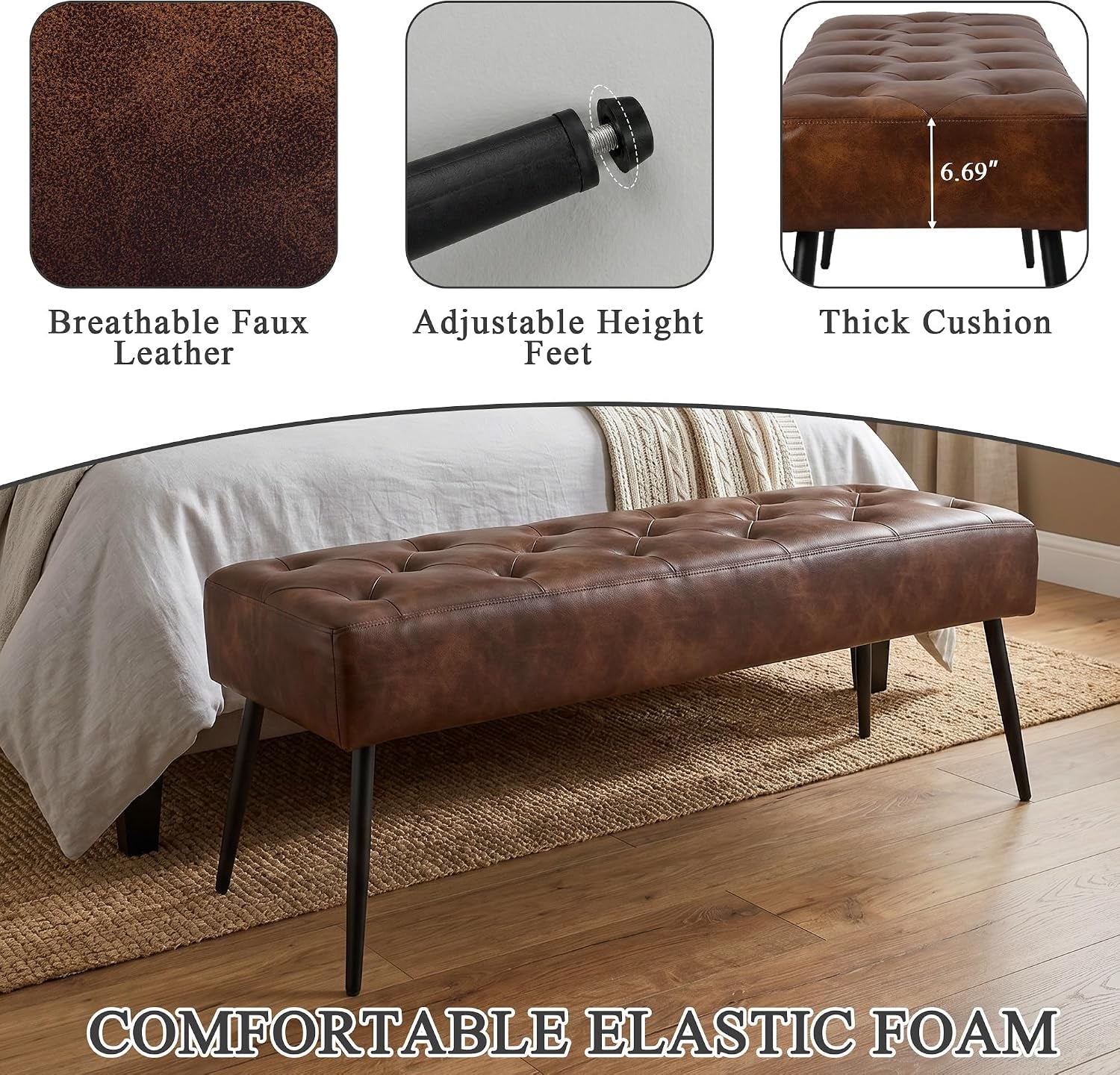 Button-Tufted Ottoman Bench, Upholstered Bedroom Benches Footrest Stool Dining Bench Leather Accent Bench for Entryway Dining Room Living Room Bedroom End of Bed, Dark Brown