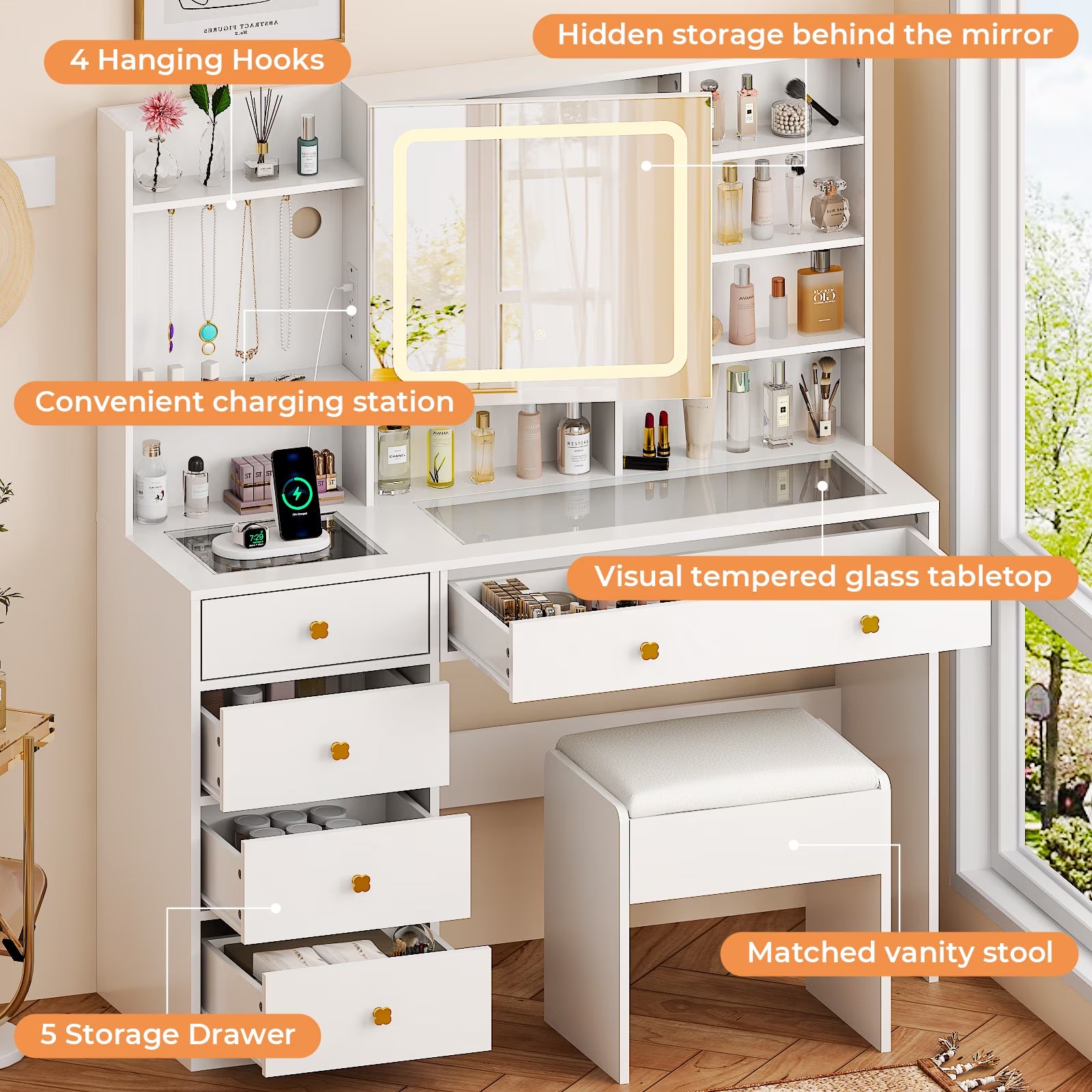 Large 47.2" Makeup Vanity with 3 Color Lights, Vanity Desk with USB Charging Station, Vanity Makeup Table with Visible Drawers, Hidden and Open Storage Shelves, White