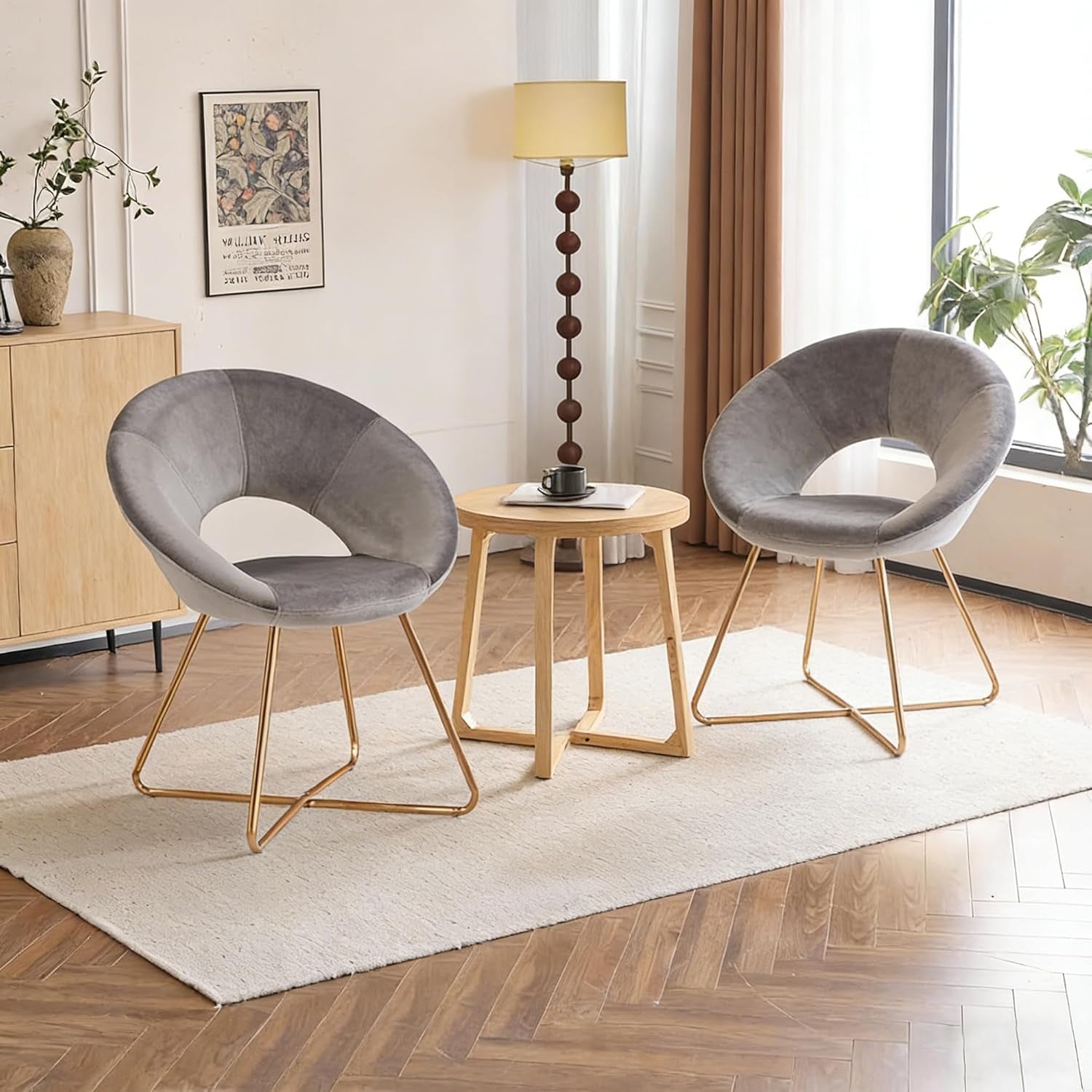 Modern Accent Velvet Chairs Single Sofa Comfy Upholstered Arm Chair Mid-Century Leisure Lounge Chairs with Golden Metal Frame Legs 1 PCS Grey