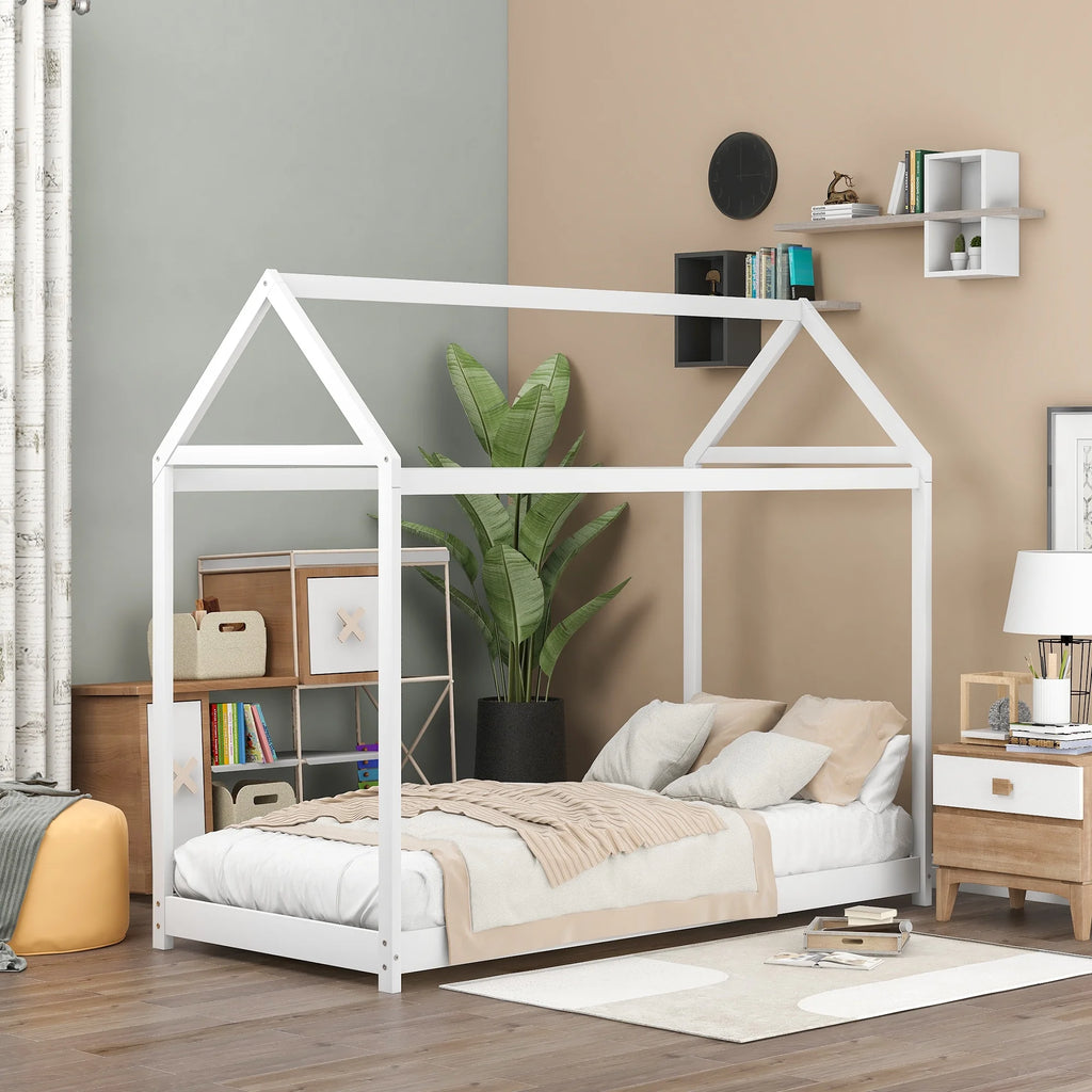 Wood Twin Size Kids House Bed Frame,Montessori Floor Bed for Toddler,White