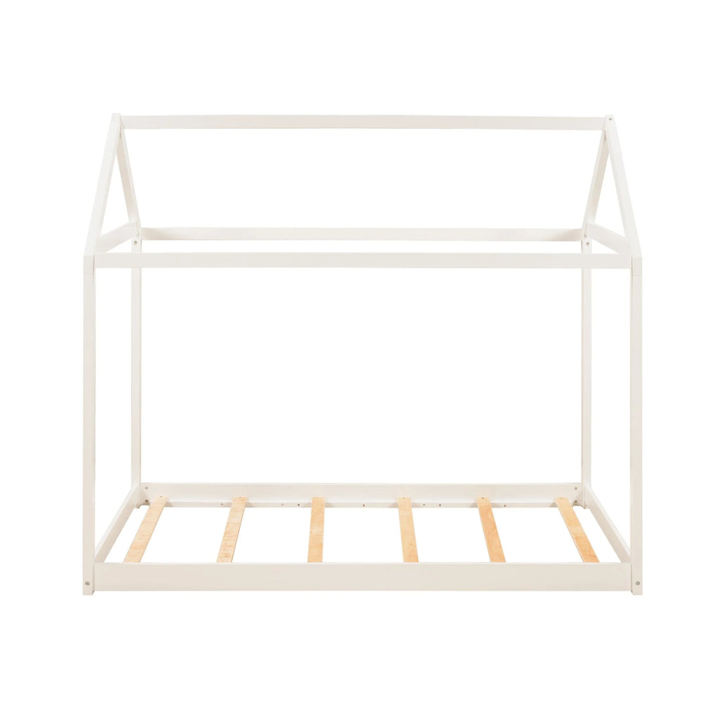Wood Twin Size Kids House Bed Frame,Montessori Floor Bed for Toddler,White
