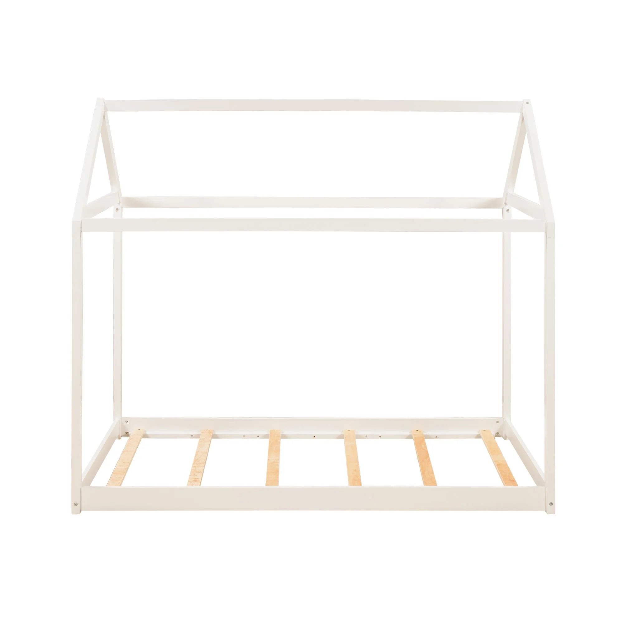 Wood Twin Size Kids House Bed Frame,Montessori Floor Bed for Toddler,White