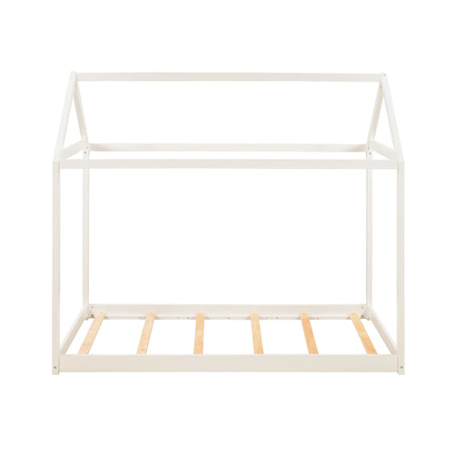 Wood Twin Size Kids House Bed Frame,Montessori Floor Bed for Toddler,White