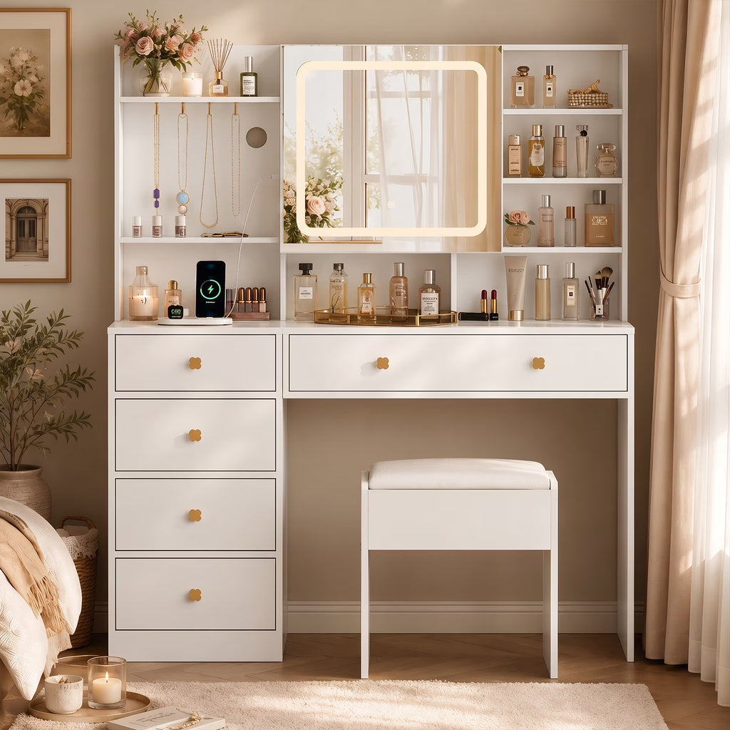 Large 47.2" Makeup Vanity with 3 Color Lights, Vanity Desk with USB Charging Station, Vanity Makeup Table with Visible Drawers, Hidden and Open Storage Shelves, White