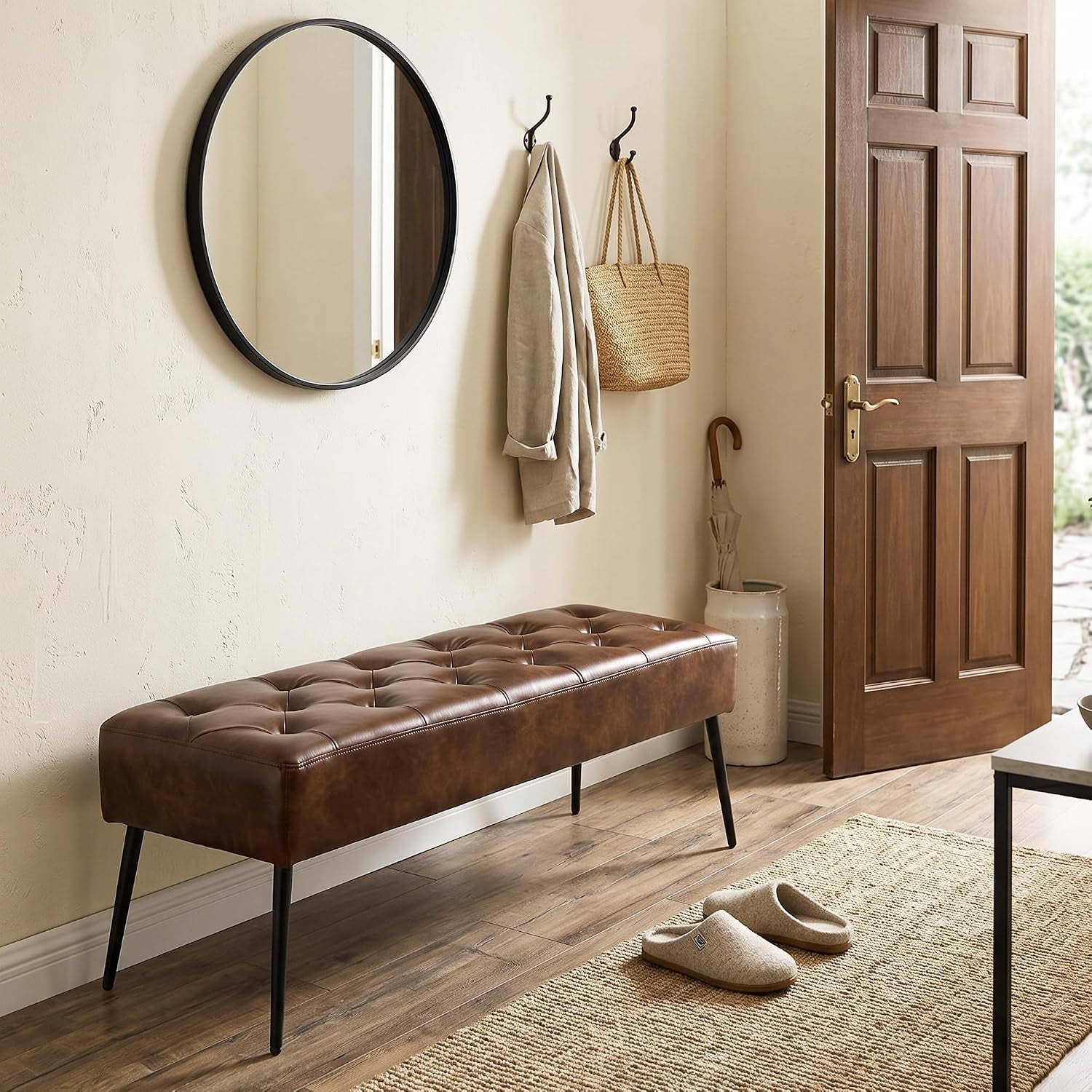 Button-Tufted Ottoman Bench, Upholstered Bedroom Benches Footrest Stool Dining Bench Leather Accent Bench for Entryway Dining Room Living Room Bedroom End of Bed, Dark Brown