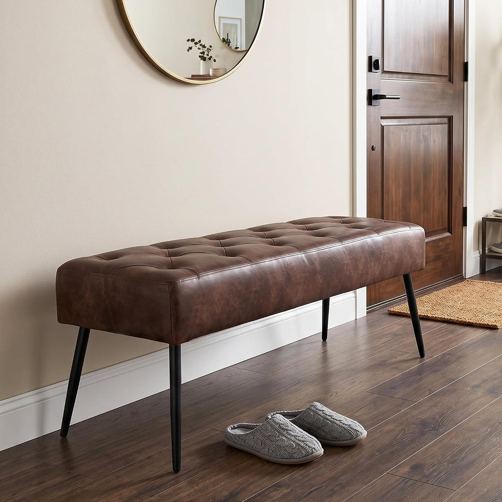 Button-Tufted Ottoman Bench, Upholstered Bedroom Benches Footrest Stool Dining Bench Leather Accent Bench for Entryway Dining Room Living Room Bedroom End of Bed, Dark Brown