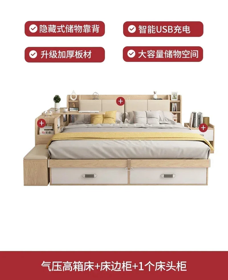 Elegant House Storage Double Bed Frame Simple Organizer Villa Loft Queen Bed Headboards Adults Cama Bedroom Set Furniture