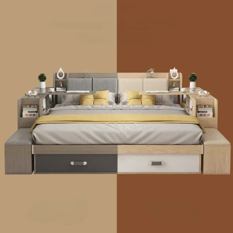 Elegant House Storage Double Bed Frame Simple Organizer Villa Loft Queen Bed Headboards Adults Cama Bedroom Set Furniture