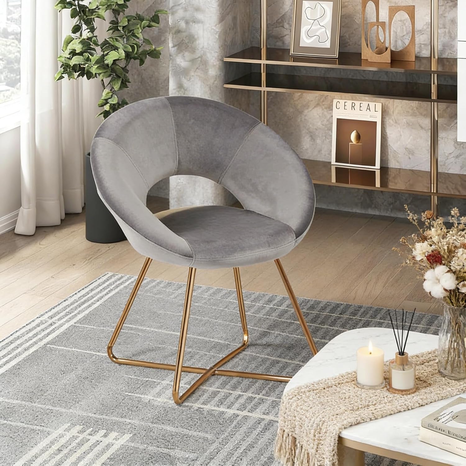Modern Accent Velvet Chairs Single Sofa Comfy Upholstered Arm Chair Mid-Century Leisure Lounge Chairs with Golden Metal Frame Legs 1 PCS Grey