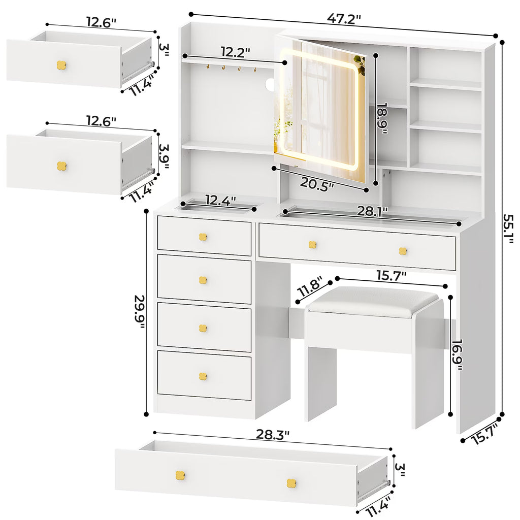 Large 47.2" Makeup Vanity with 3 Color Lights, Vanity Desk with USB Charging Station, Vanity Makeup Table with Visible Drawers, Hidden and Open Storage Shelves, White