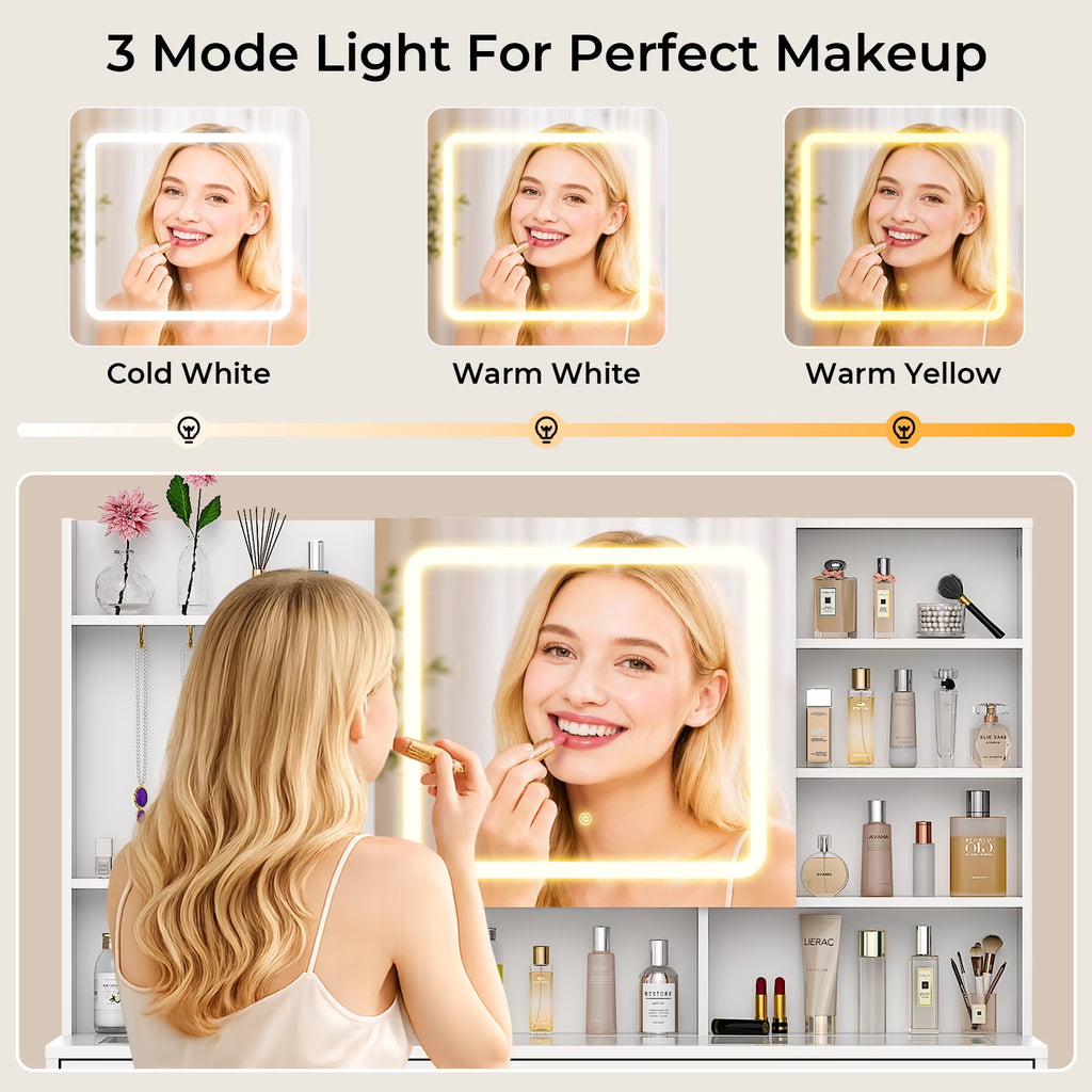 Large 47.2" Makeup Vanity with 3 Color Lights, Vanity Desk with USB Charging Station, Vanity Makeup Table with Visible Drawers, Hidden and Open Storage Shelves, White