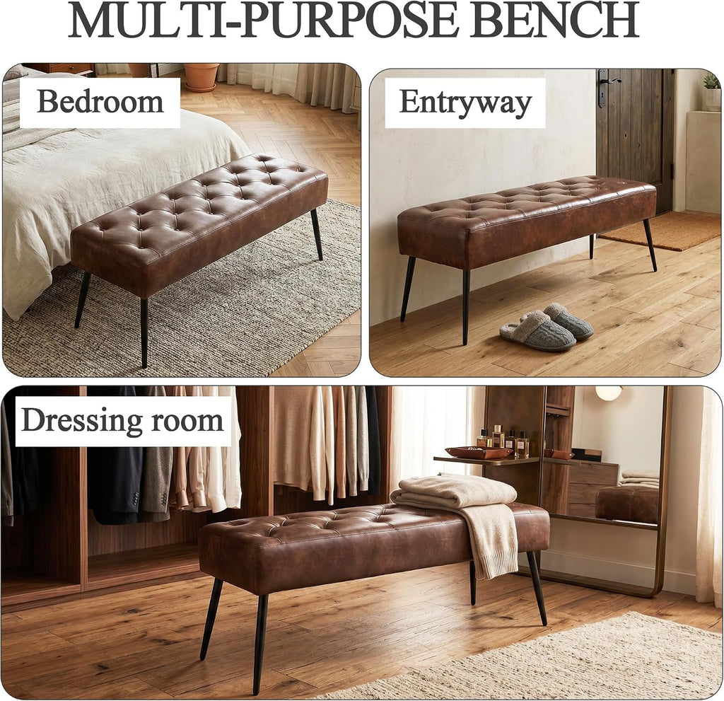 Button-Tufted Ottoman Bench, Upholstered Bedroom Benches Footrest Stool Dining Bench Leather Accent Bench for Entryway Dining Room Living Room Bedroom End of Bed, Dark Brown