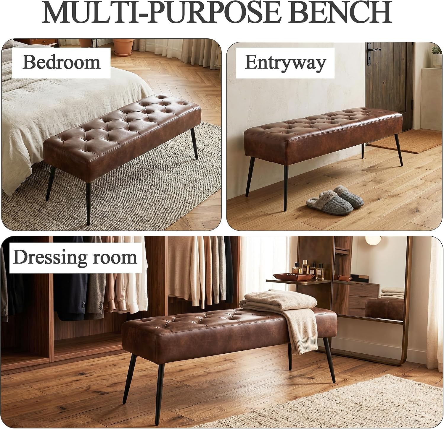 Button-Tufted Ottoman Bench, Upholstered Bedroom Benches Footrest Stool Dining Bench Leather Accent Bench for Entryway Dining Room Living Room Bedroom End of Bed, Dark Brown